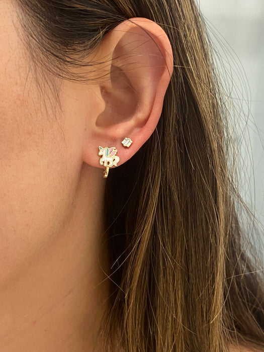 14K Gold Enamel Unicorn Huggie Earrings