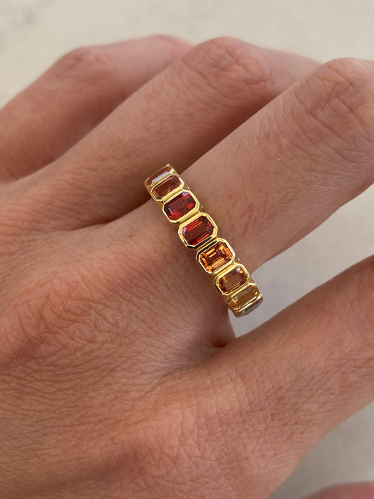 14K Gold 4.89 Carat Rainbow Sapphire Emerald Cut Eternity Ring Size 8