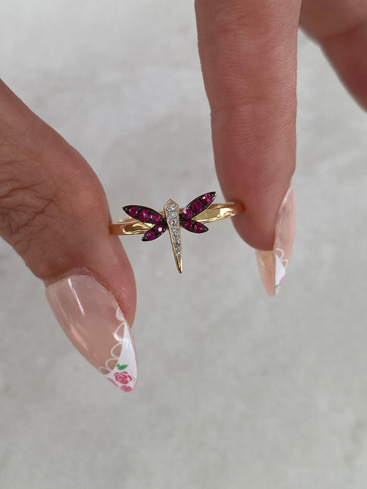 14K Dragonfly Ruby & Diamond Ring