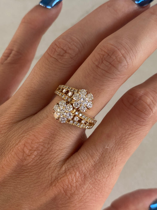 Vintage 18K Gold Diamond Bypass Flower Ring – 1.34 TCW – Size 6.5