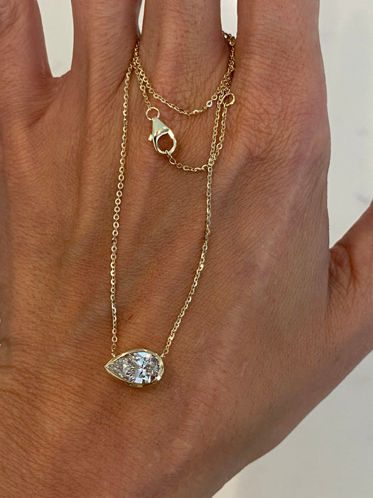 14K Gold 1.58 CT IGI Certified Pear Lab Diamond Bezel Station Necklace | VS1 F Color | Adjustable 16–18”