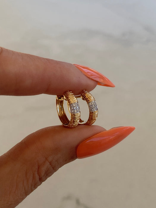 14K Gold Textured Croissant Diamond Huggie Earrings