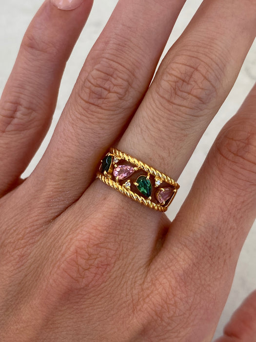 Vintage 18K Gold Pink & Green Tourmaline Diamond Ring – Size 6