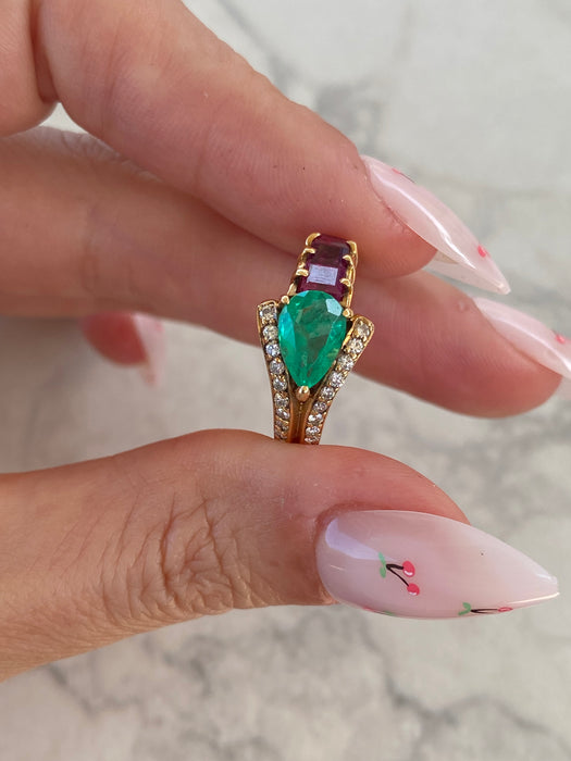 Vintage 18K Emerald, Ruby & Diamond Ring