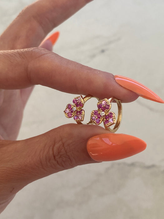 14K Gold Pink Sapphire, Ruby & Diamond Flower Huggie Earrings