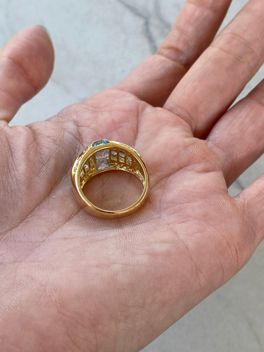 Vintage 18K Gold Blue Topaz & Diamond Geometric Ring – 2.84 TCW Blue Topaz