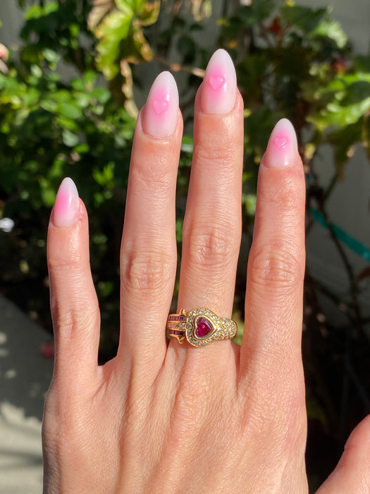 Vintage 18K Ruby Heart & Diamond Halo Ring – 1.04 TCW Ruby | 0.55 TCW Diamonds | Size 6.75
