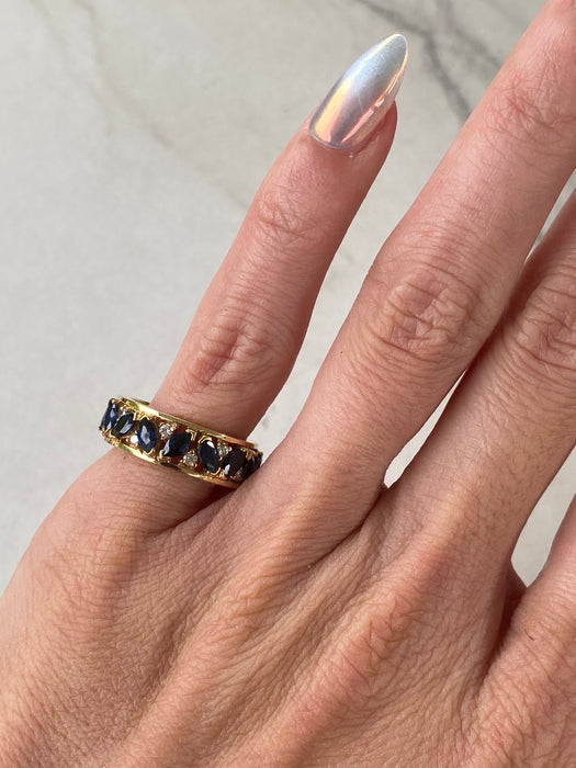 Vintage 18K Yellow Gold Marquise Blue Sapphire & Diamond Eternity Ring – 4.32 TCW