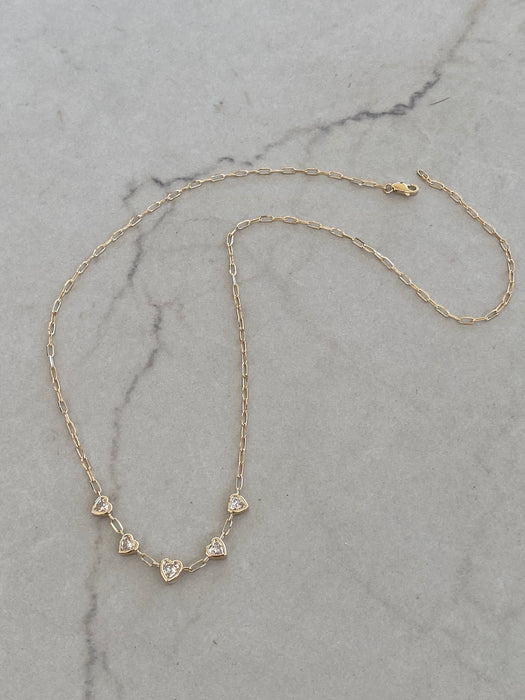 14K Gold Paperclip Necklace with 1.5 TCW Lab Diamond Heart Stations