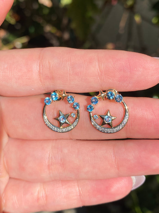 14K Gold Blue Topaz & Diamond Star Stud Earrings