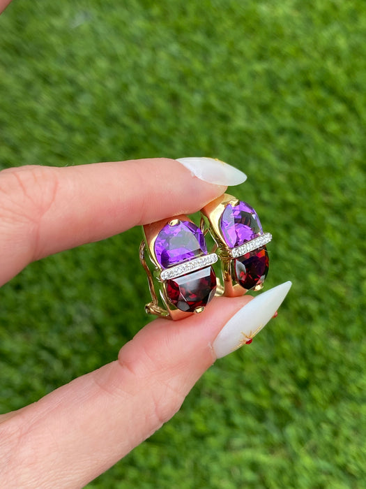 Vintage 14k Gold Amethyst & Garnet Moon Cut Diamond Earrings