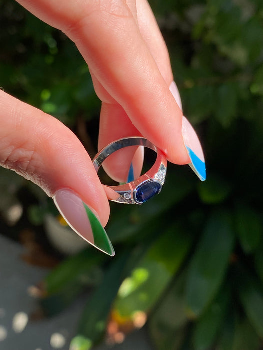 Platinum blue sapphire diamond ring size 5.75