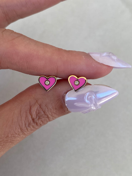 14K Gold Pink Enamel Diamond Heart Stud Earrings