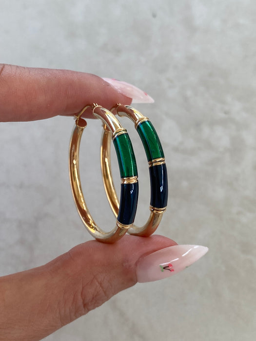 Vintage 14K Blue & Green Enamel Hoop Earrings