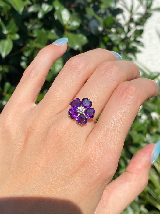 14k amethyst heart flower diamond ring size 7.5