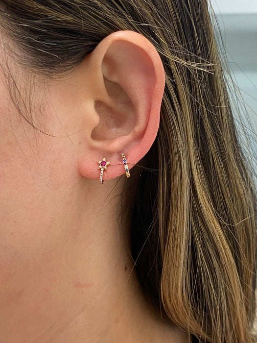 14k Rose Gold Ruby Diamond Star J Huggie Earrings