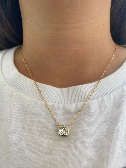 14K Gold 2.25 Lab Cushion Bezel-Set Diamond Paperclip Necklace 18”