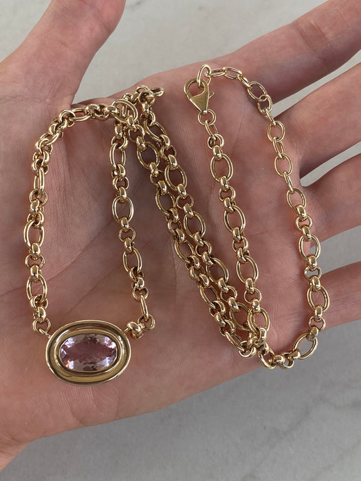 14K East-to-West 3.3 Carat Morganite Double-Bezel Trombone Necklace