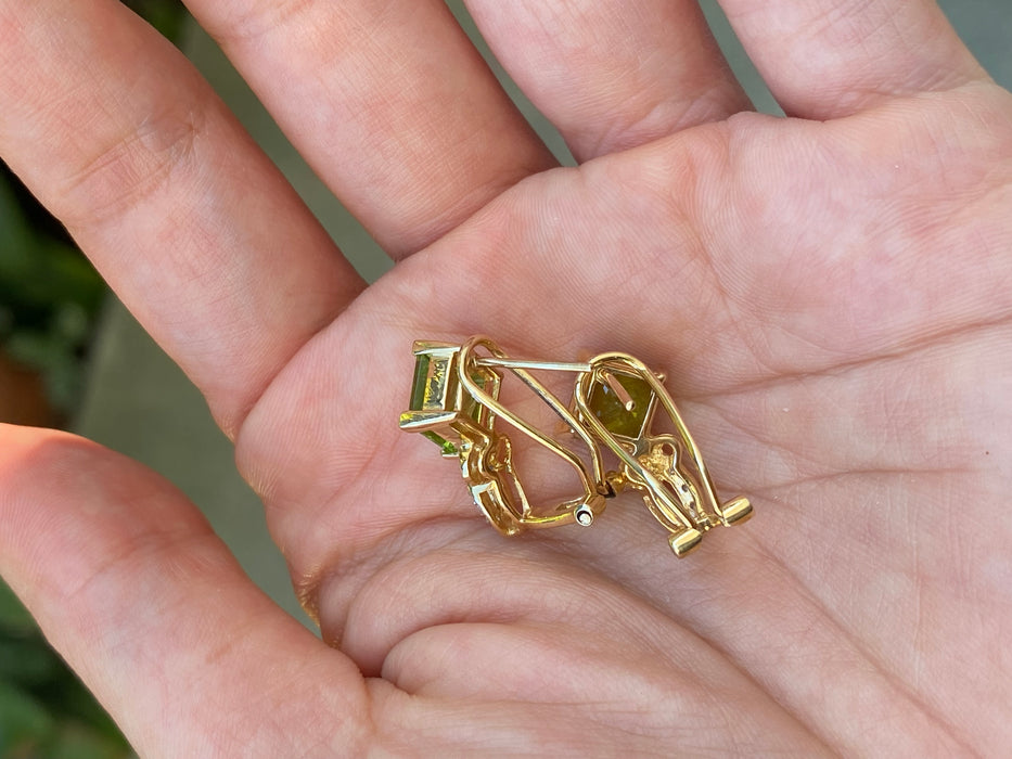 Vintage 14k Gold Peridot and Diamond Omega Back Earrings | Princess Cut Peridot