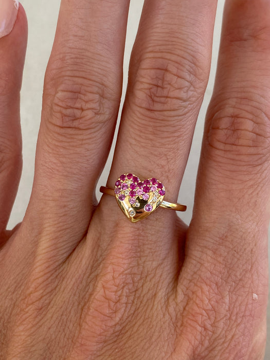 14K Gold Ruby Heart Ring with Flush-Set Rubies, Pink Sapphires & Diamonds