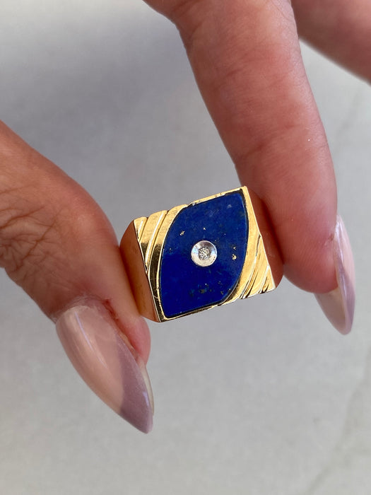 Vintage 14K Gold Lapis Lazuli Signet Ring with Diamond Center – Size 9.75