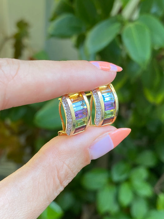 14k rainbow diamond omega earrings