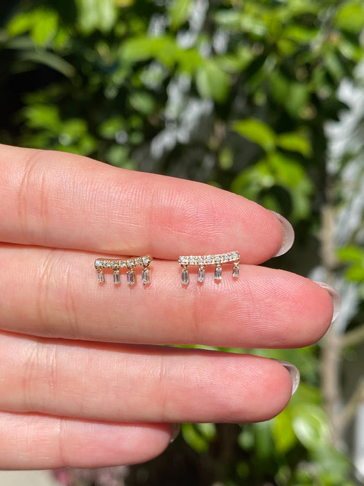 14k curved baguette diamond stud earrings