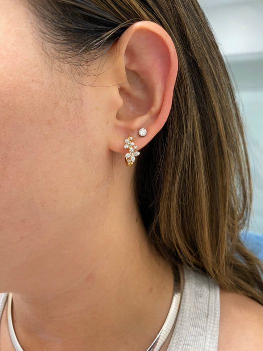 14K Natural Diamond Flower Huggie Earrings