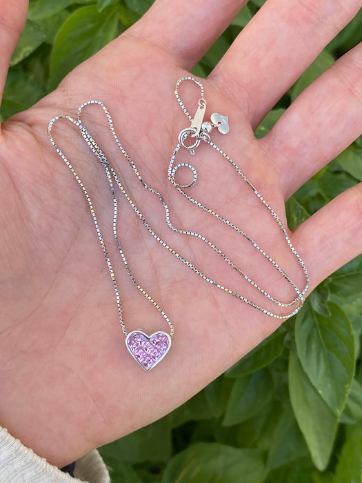 18K White Gold Pink Sapphire Heart Pendant Necklace – 1.08 TCW Princess Cut Invisible Set, Adjustable Chain
