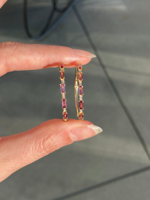 14k pink sapphire and diamond hoop earrings