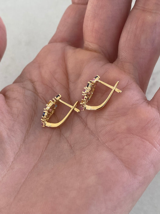14K Rainbow Sapphire & Diamond Cluster Huggie Earrings | 1.10 CTW