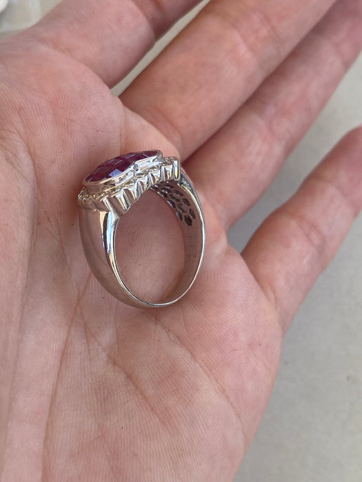 Vintage 18K White Gold Ruby Heart & Diamond Ring