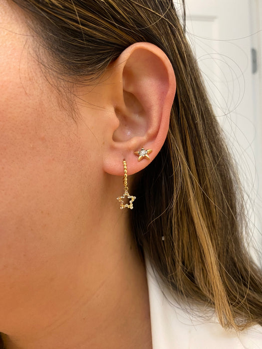 14K Two-Tone Bead Huggie Earrings with Diamond-Cut Star Charms