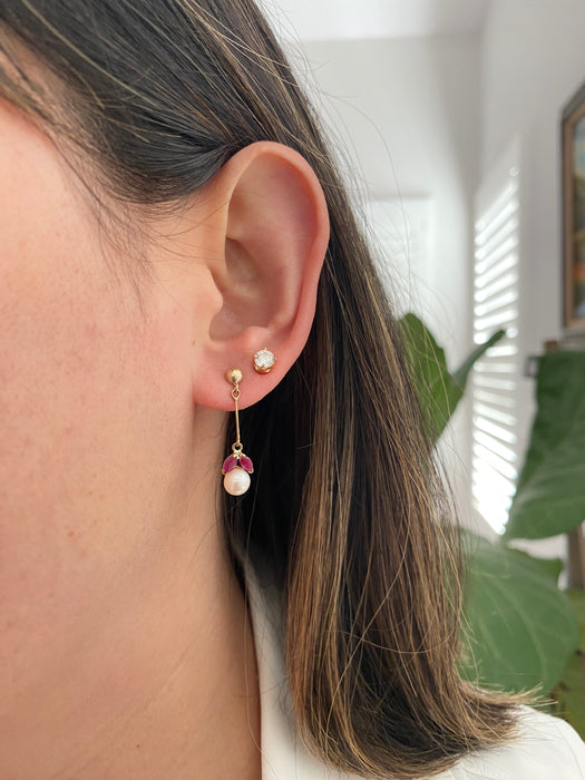 14K Gold Ruby & Pearl Dangle Earrings