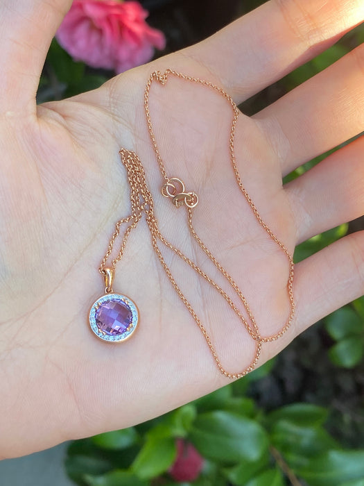 14k rose gold necklace with amethyst diamond pendant