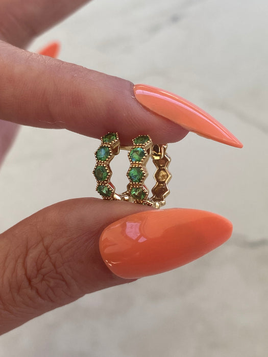 14K Gold Hexagon Tsavorite Garnet Huggie Earrings