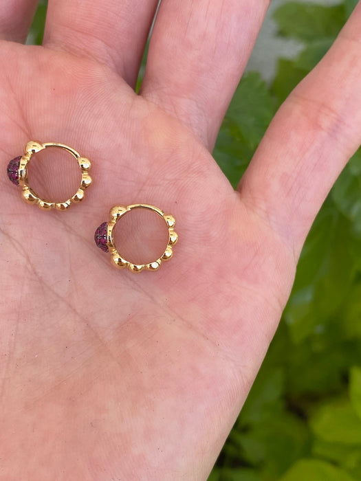 14K Gold Ruby Beaded Huggie Earrings