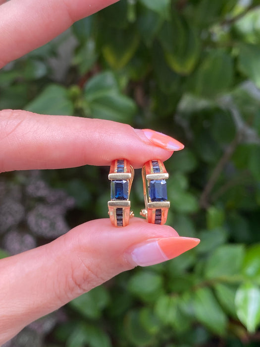 14k blue sapphire huggie hoop earrings