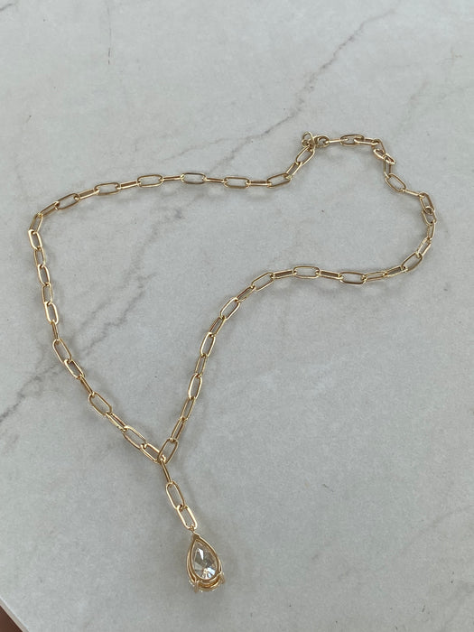 14K Paperclip Lariat Necklace with 5 Carat Pear Lab Diamond