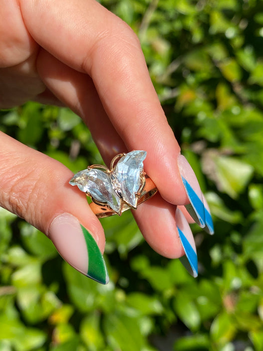 14k carved blue topaz diamond butterfly ring size 6.75