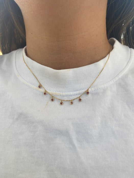 14K Garnet Heart Charm Station Necklace