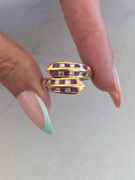 Vintage 18K Ruby & Diamond Checkerboard Bypass Ring
