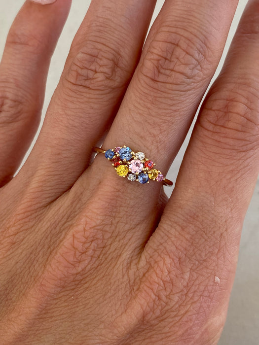 14K Gold Multicolor Sapphire & Diamond Cluster Ring