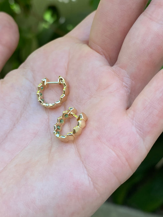 14K Gold Hexagon Tsavorite Garnet Huggie Earrings
