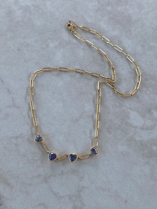 14K Gold Blue Sapphire Heart Paperclip Necklace