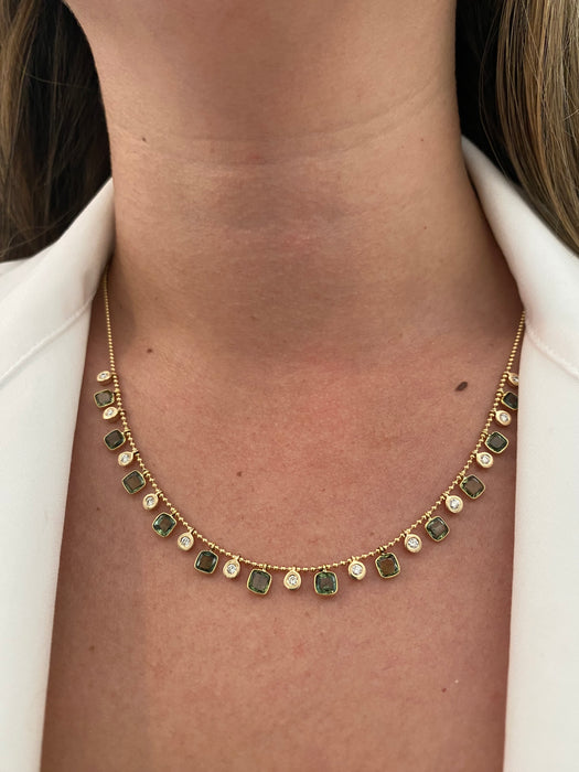 14K Gold Green Sapphire & Diamond Bead Necklace – 4.8 Carat Sapphire & 0.46 CTW Natural Diamond Charms