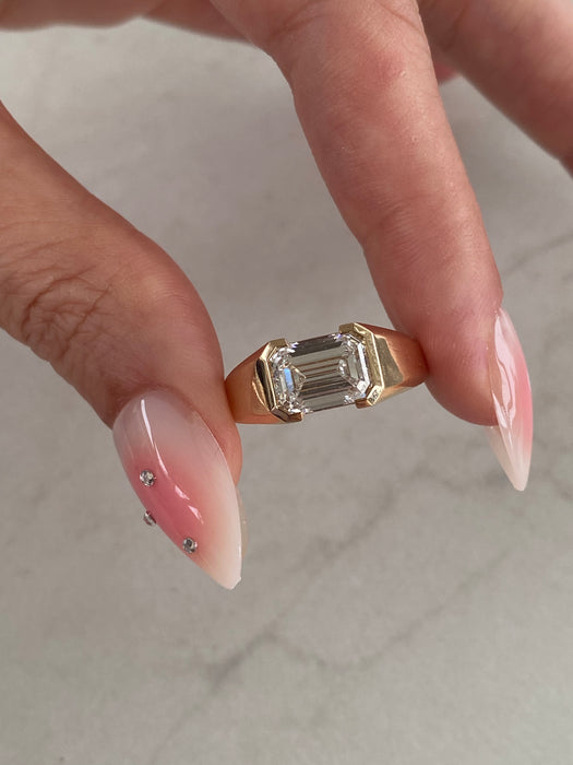 14K Gold 2.58 Carat East-West Emerald Cut Lab Diamond Ring