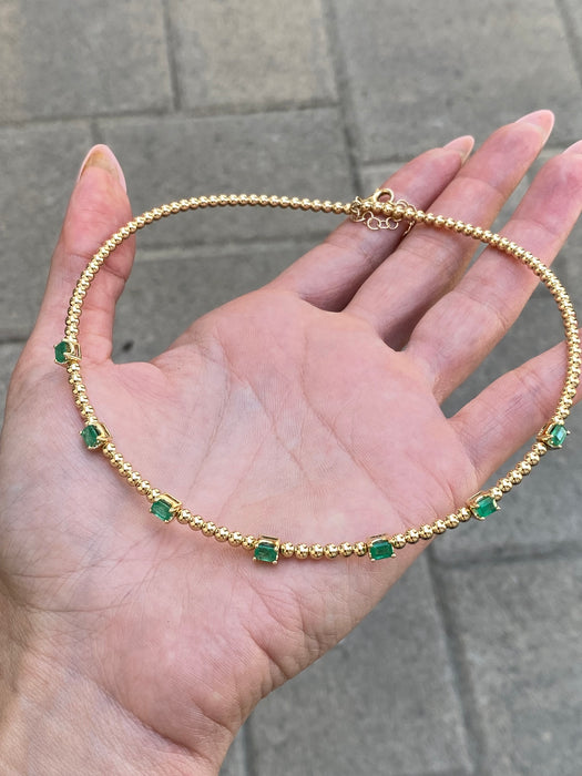 14K Gold Emerald Bead Collar Necklace – 1.40 TCW Emerald Cut Emerald Station Necklace – Adjustable 13–15”