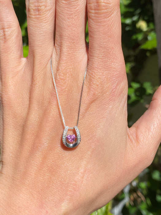 Vintage Platinum Pink Sapphire Heart & Diamond Horseshoe Dancing Necklace