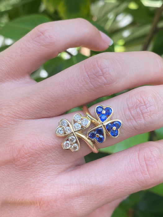 18k diamond blue sapphire clover bypass ring size 5